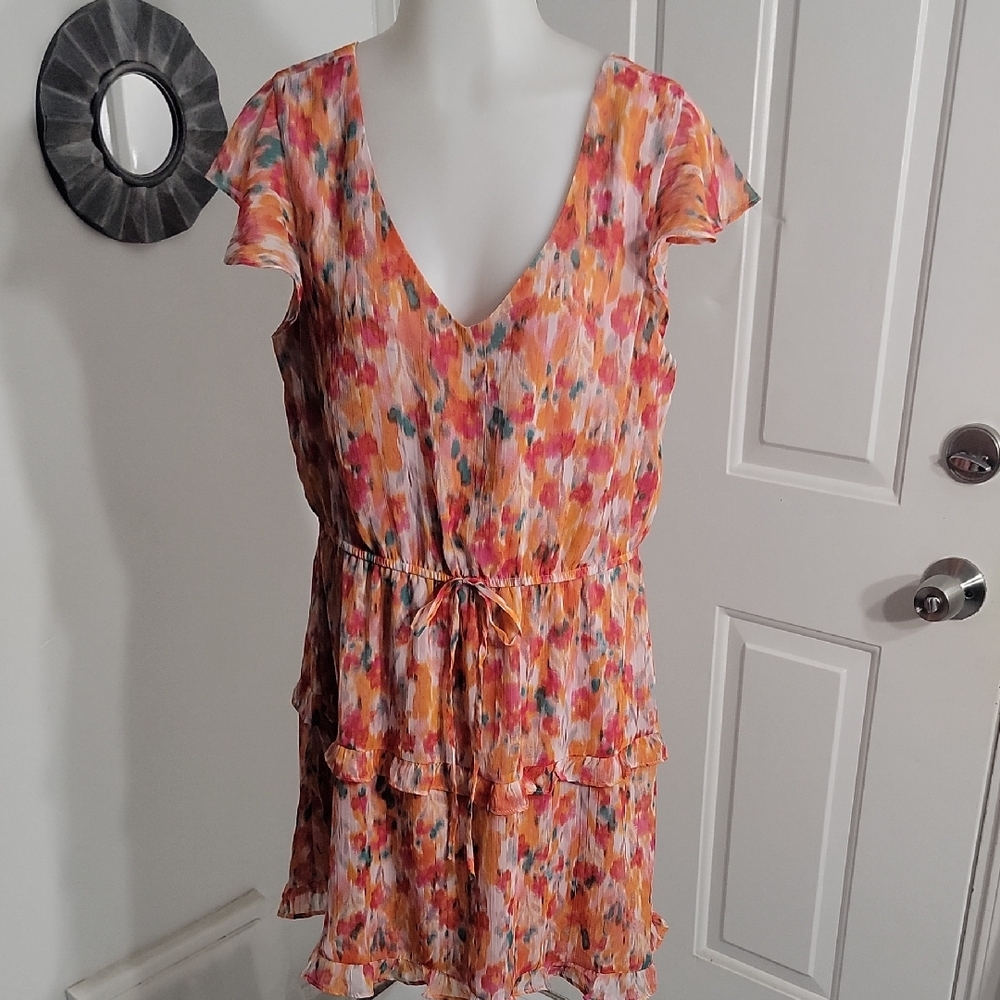 Artsy Colorful V-Neck Drawstring Waist Flutter Sleeves Tier Dress Size L